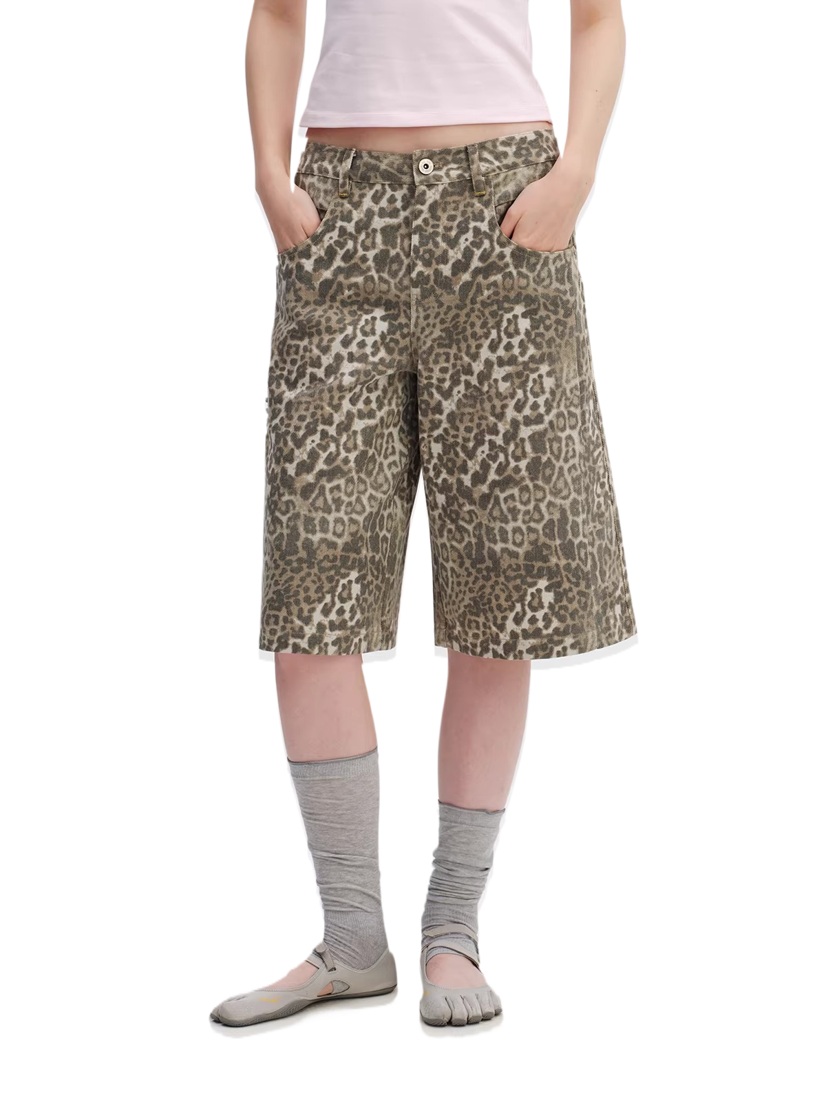 Vintage Leopard Print Relaxed Wide-Leg Bermuda Shorts