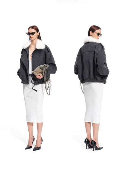 Faux Fox Fur Wool-Blend Aviator Jacket