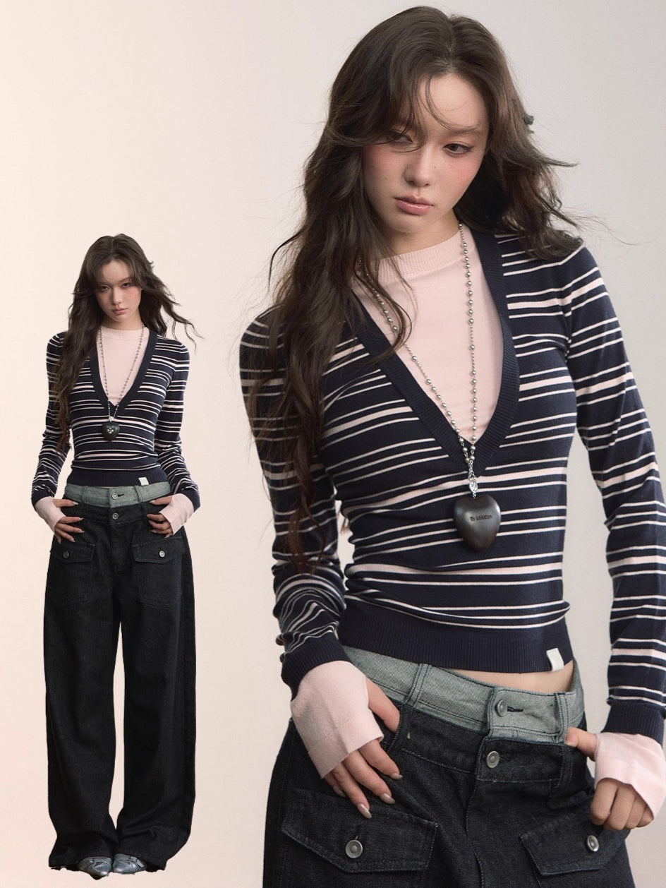 Contrast Stripe Fitted Knit Crewneck