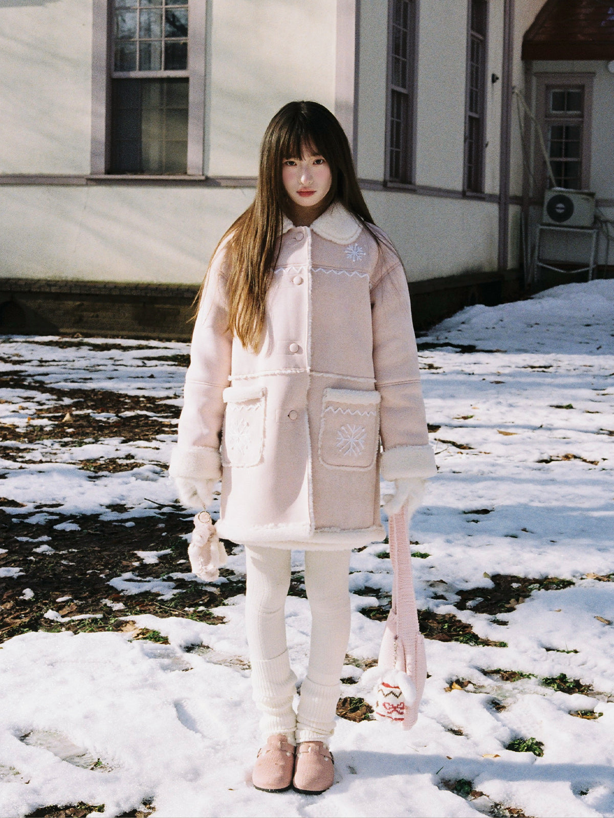 Pink Snowflake Embroidered Faux Shearling Coat