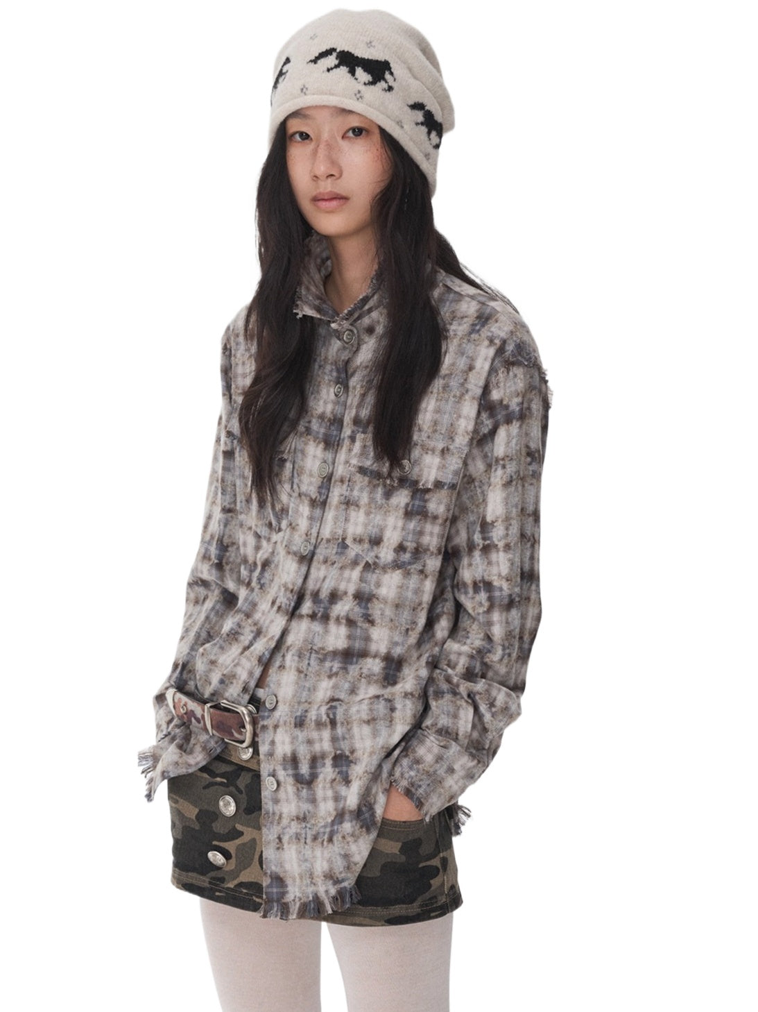 Washed Plaid Frayed-Edge Fitted Shirt