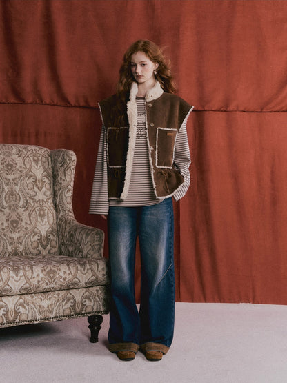 Reversible Faux Shearling Suede Drawstring Vest