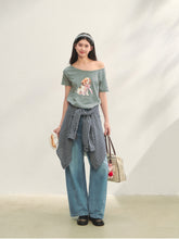 Asymmetric Shoulder Bow Puppy Printed T-Shirt - CHINASQUAD