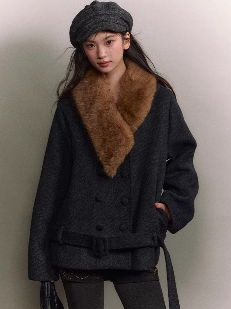 Fur-Collar Double-Breasted Wool Jacket