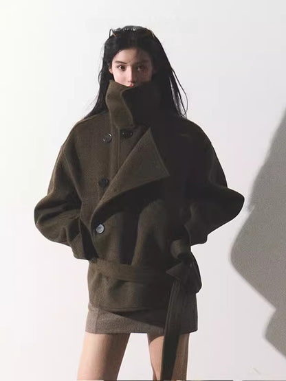 Waist-Defining Silhouette Stand-Collar Wool Coat