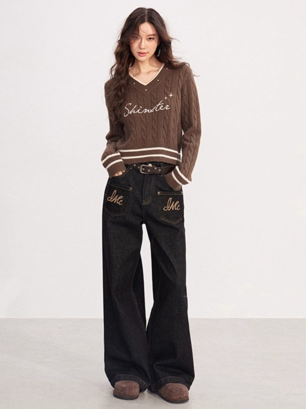 Embroidered Vintage Wide-Leg Denim Pants