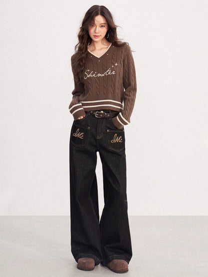 Embroidered Vintage Wide-Leg Denim Pants