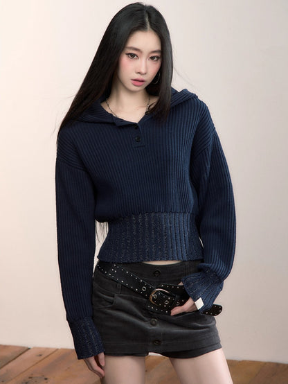 Ribbed Hooded Knit Pullover Sweater