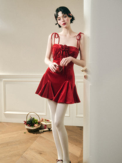 Classic Red Velvet Handcrafted Floral Velvet Dress