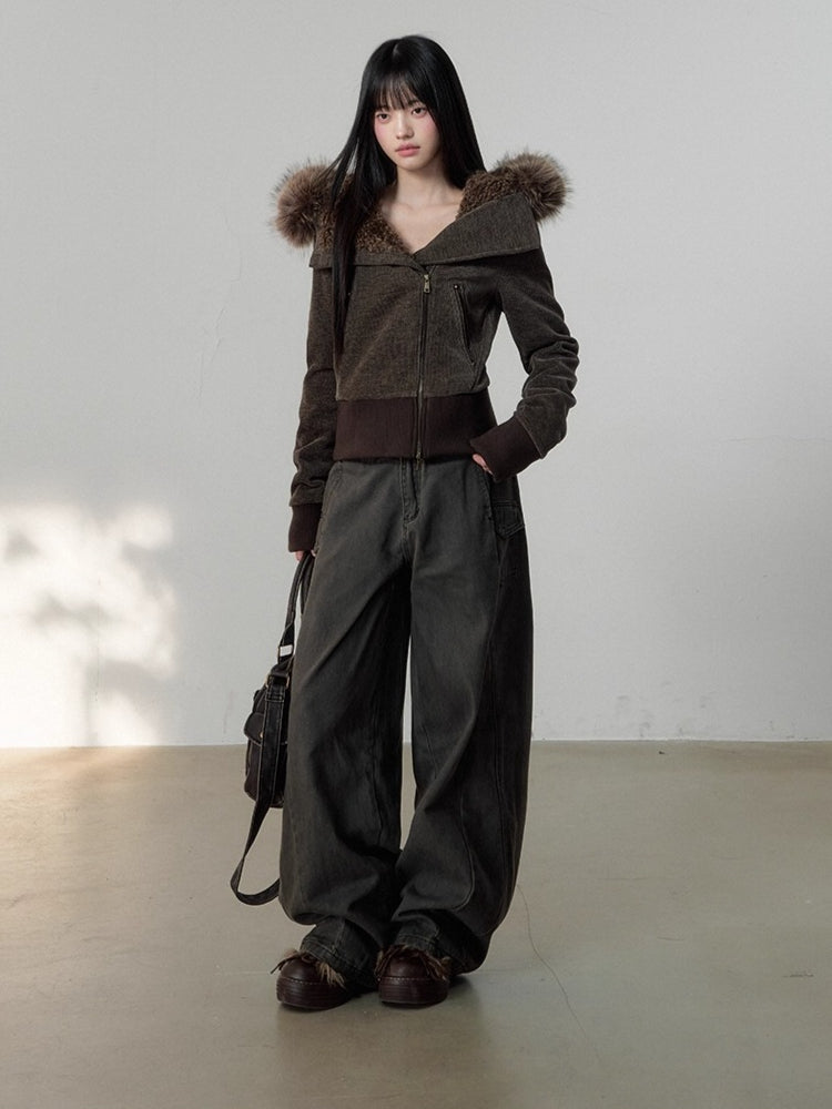 Vintage-Wash Curved Wide-Leg Pants