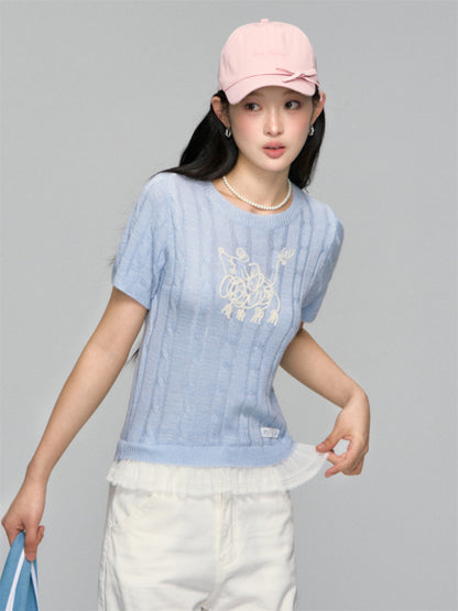 Dog Embroidered Cable Knit T-shirt
