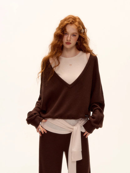 Waffle Knit V-Neck Pullover &amp; Tank Top &amp; Wide-Leg Pants Set