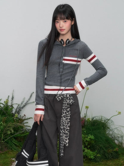 Color Block Striped Hooded Knitted T-shirt