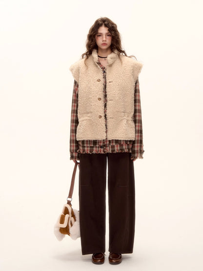 Wool Blend Checkered Contrast Fringe Shirt