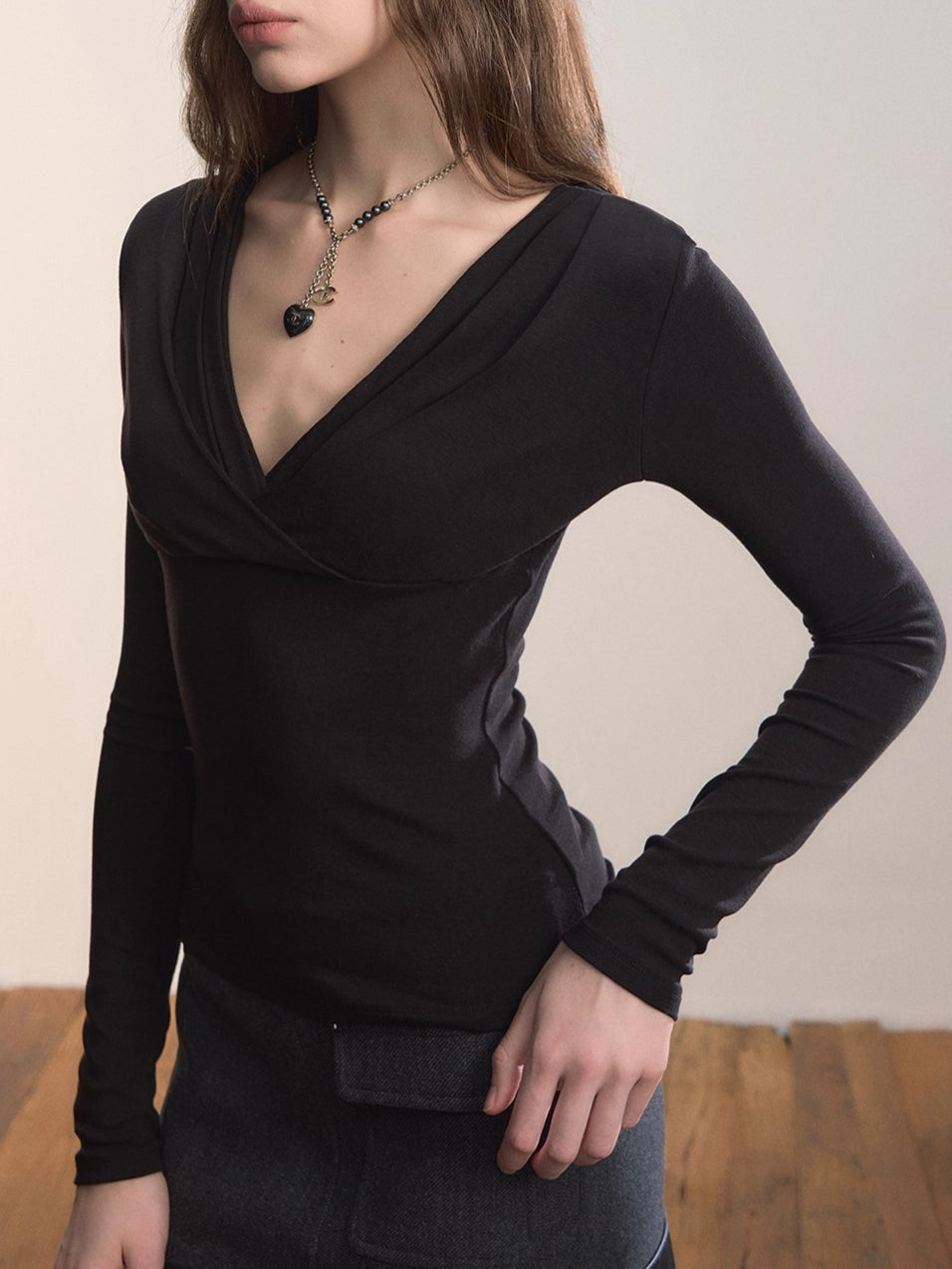 Ruched V-Neck Tencel Slim-Fit Sweater