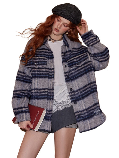 Plaid Contrast-Collar Wool-Blend Overshirt Jacket