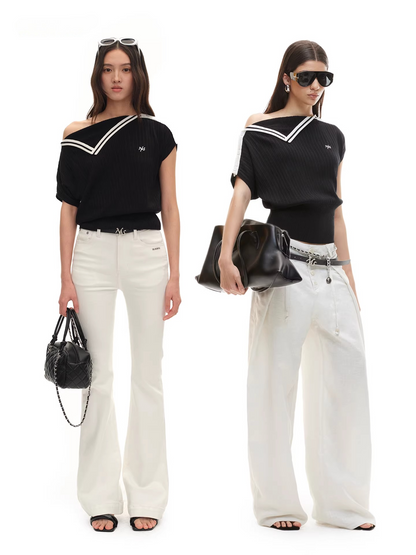 Asymmetric Off-Shoulder Contrast Trim Cinched Tee