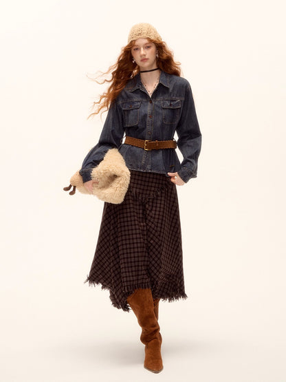 Frayed Hem Plaid Studded Belt Asymmetric A-Line Midi Skirt