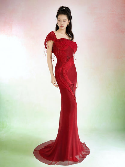 Crimson Draped Beaded Off-Shoulder Mermaid Gown