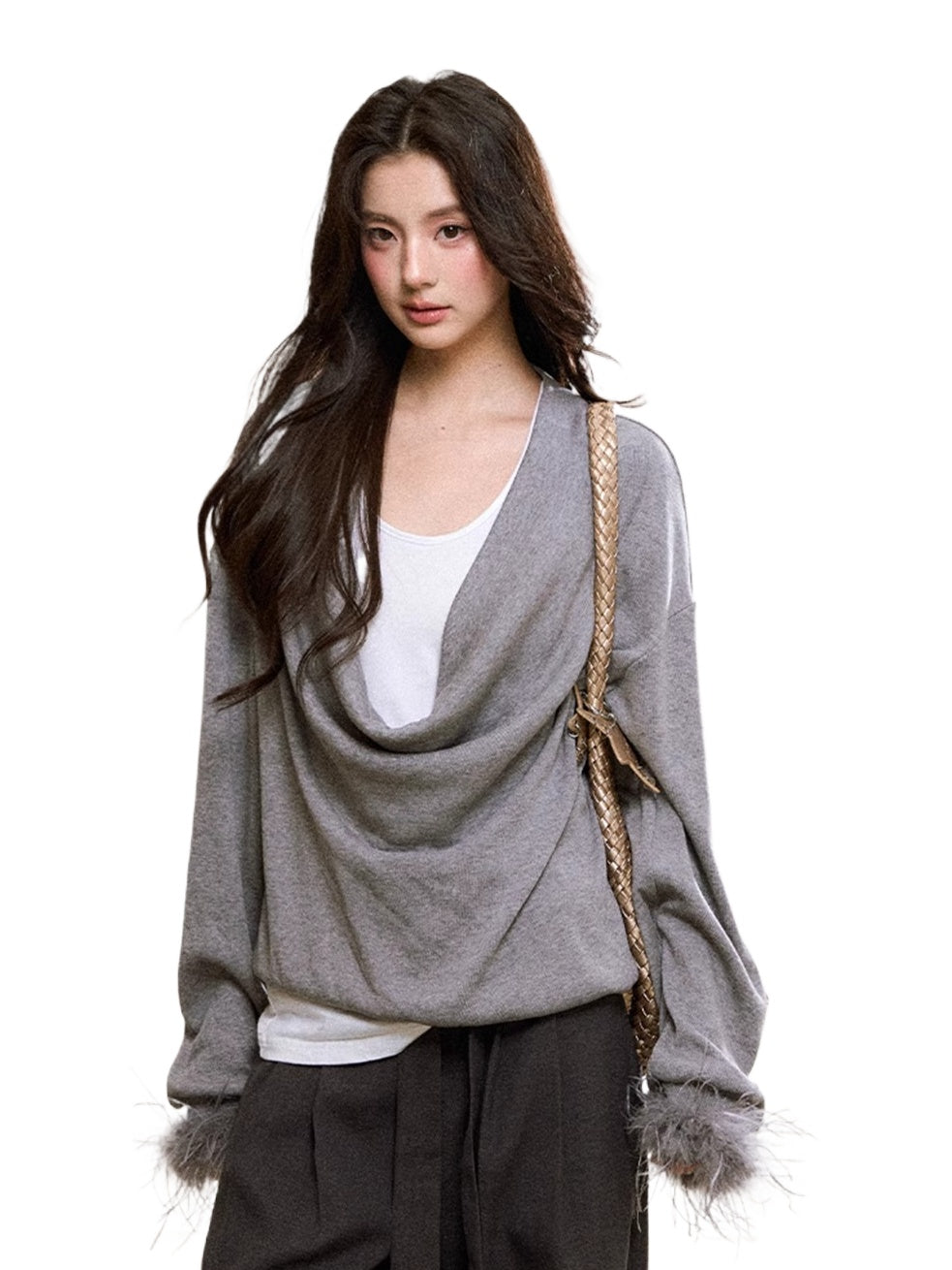 Gray Drape-Neck Fur Cuff Detail Knit Blouse