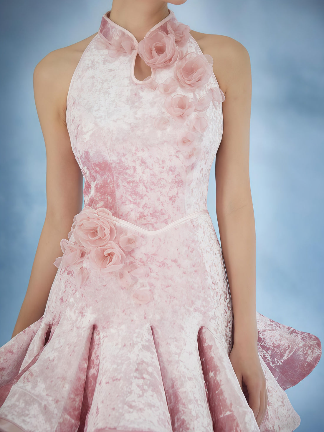 Blush Velvet Floral Halter Mini Dress