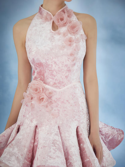 Blush Velvet Floral Halter Mini Dress