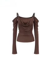 Draped Neck Leather Strap Acetate One-shoulder T-shirt - CHINASQUAD