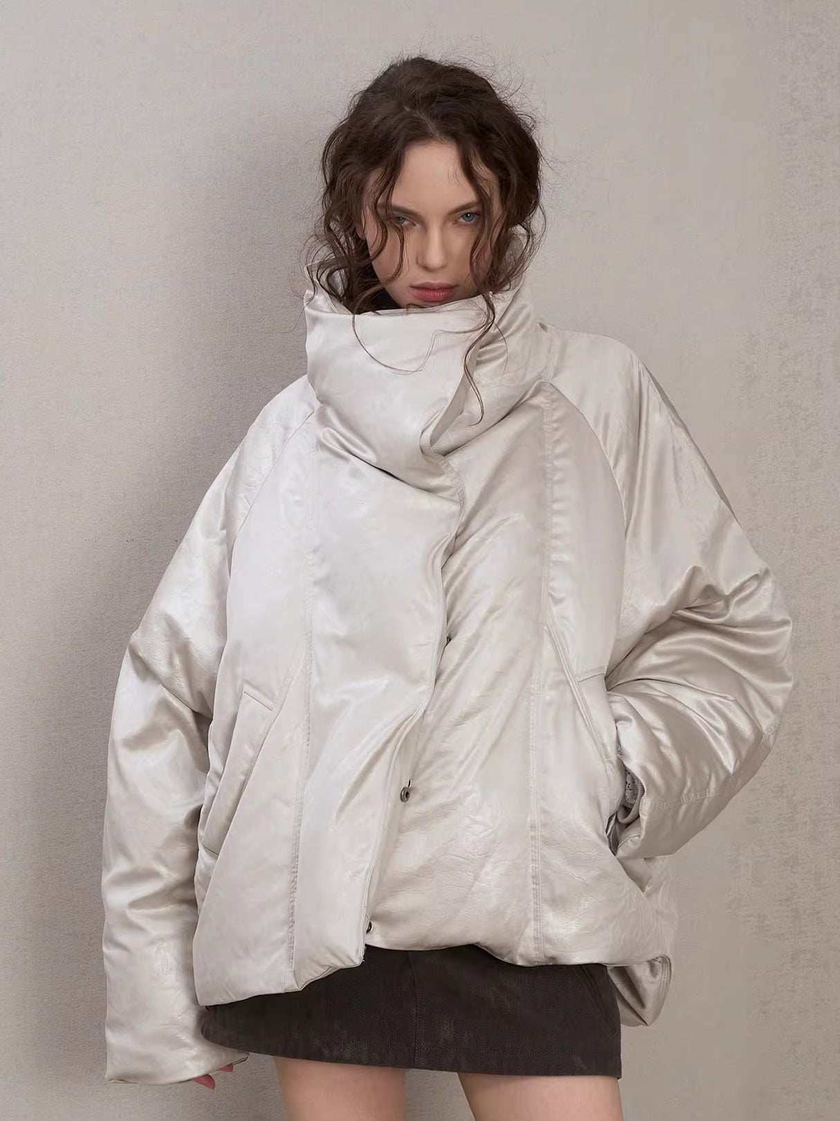 Oversized Leather-Texture Down Jacket