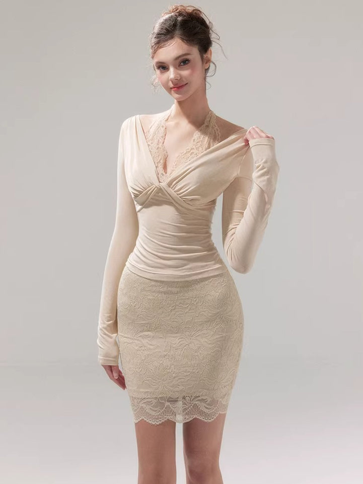 Lace Layered Knit Top &amp; Bodycon Mini Skirt Set