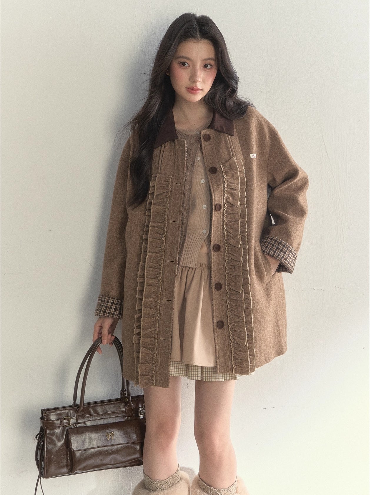 Vintage Khaki Wool Blend Ruffle-Trim Coat