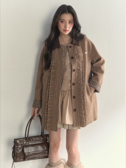 Vintage Khaki Wool Blend Ruffle-Trim Coat