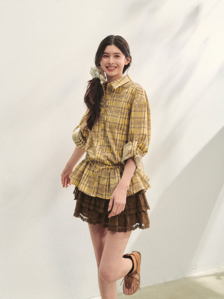 Ruffled Hem Waist-Cinching Checked Shirt - CHINASQUAD