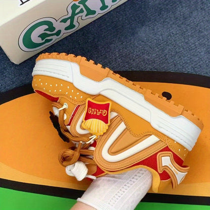 Orange Burger Embroidered Lettering Low-Top Skate Sneakers