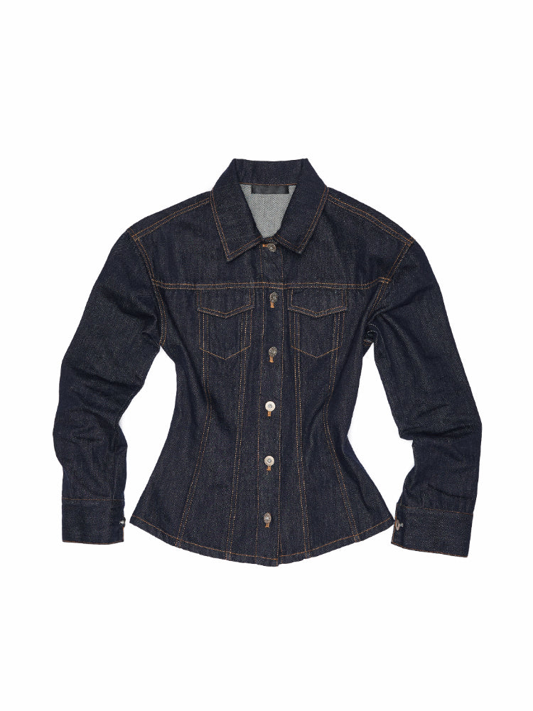 Raw Denim Wide-Shoulder Waist-Cinching Jacket Set - CHINASQUAD