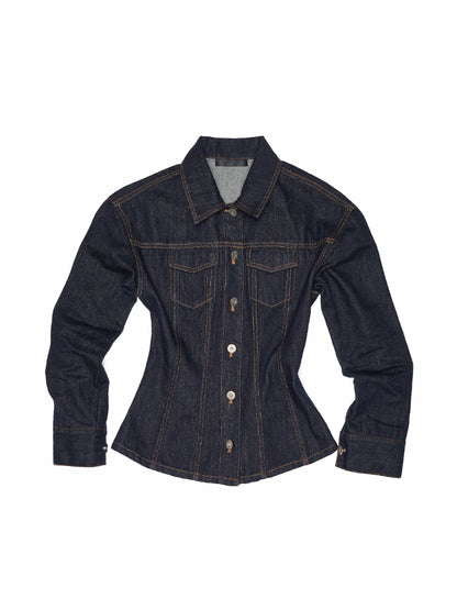 Raw Denim Wide-Shoulder Waist-Cinching Jacket Set - CHINASQUAD