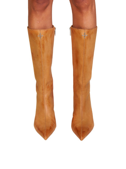 Compass Badge Sword Leather High Heel Boots Patina Wild Horse Brown Patina - CHINASQUAD