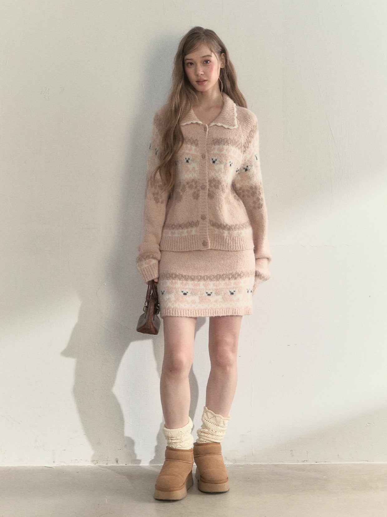 “Puppy Fair Isle” Vintage Knit Cardigan &amp; Skirt Set