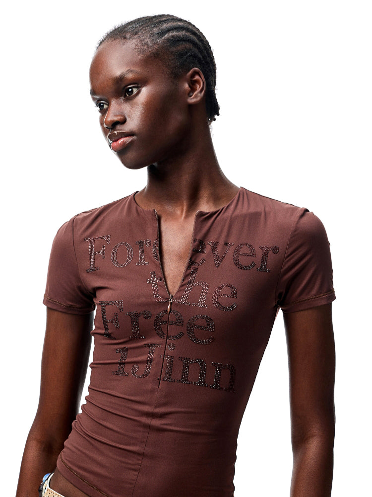 Floral Letter V-Neck Hidden Zip Hot-Fix T-Shirt - CHINASQUAD