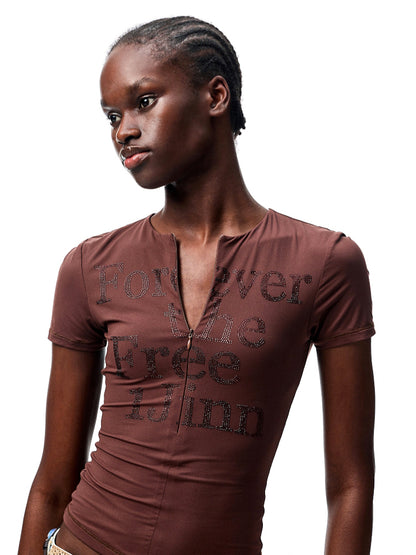 Floral Letter V-Neck Hidden Zip Hot-Fix T-Shirt - CHINASQUAD