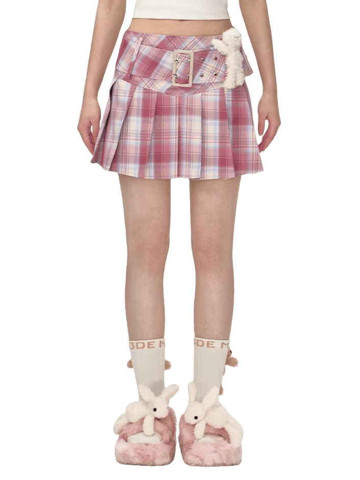 Vintage Plaid Belted Pleated Mini Skirt