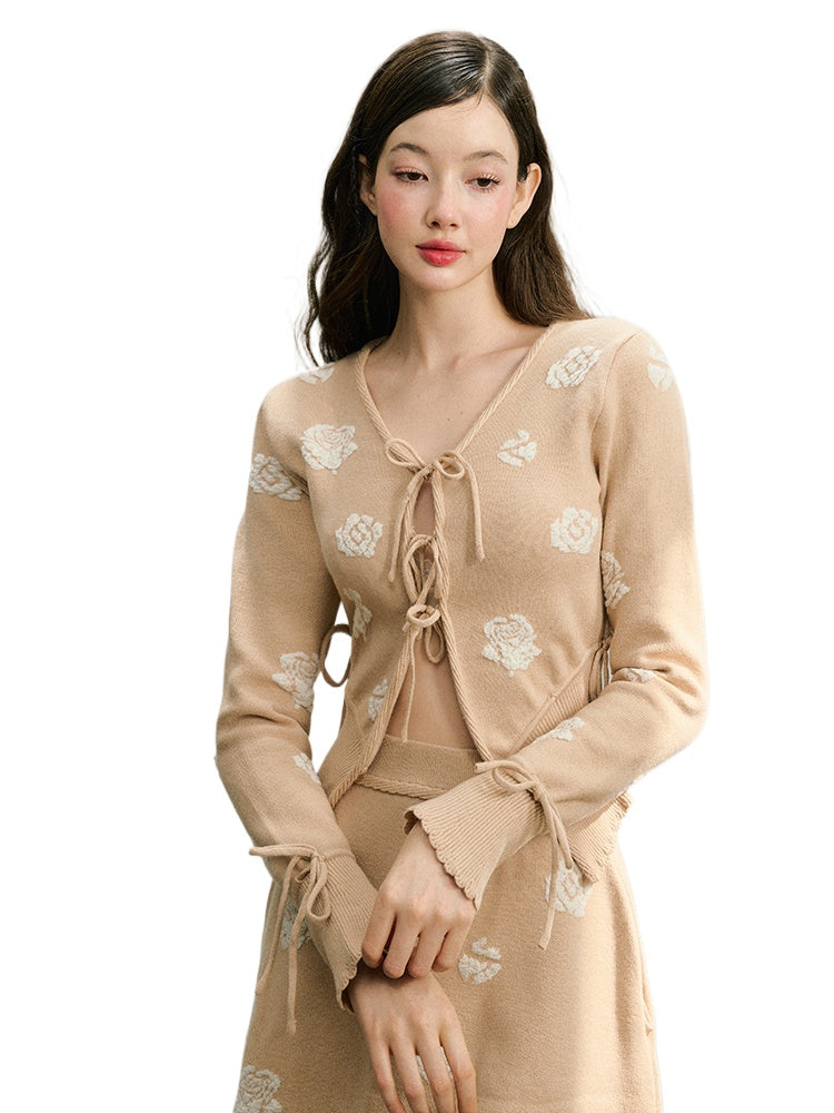 Light Brown Textured Jacquard Knit Cardigan