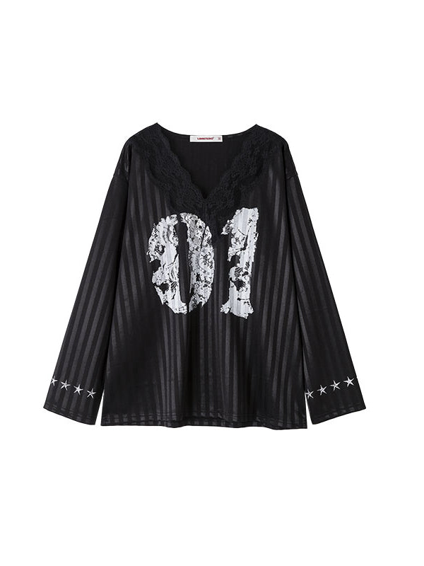 Black &amp; White Lace-trimmed V-neck Satin Jersey