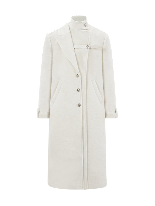 Cream Double-Breasted Leather Strap Wool Coat