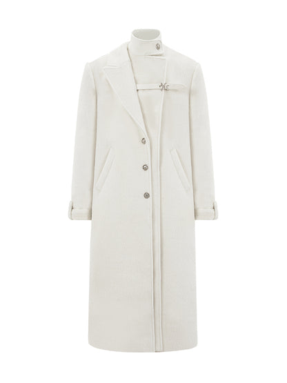 Cream Double-Breasted Leather Strap Wool Coat