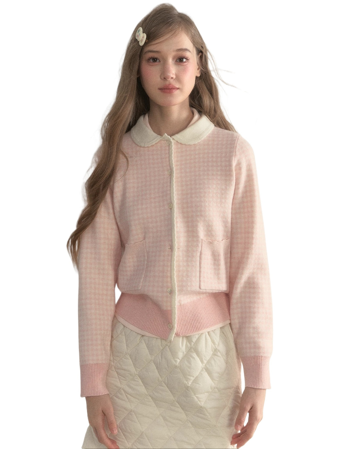 Sweet Pink Gingham Doll Collar Knit Cardigan