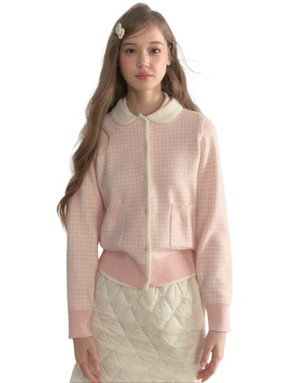 Sweet Pink Gingham Doll Collar Knit Cardigan