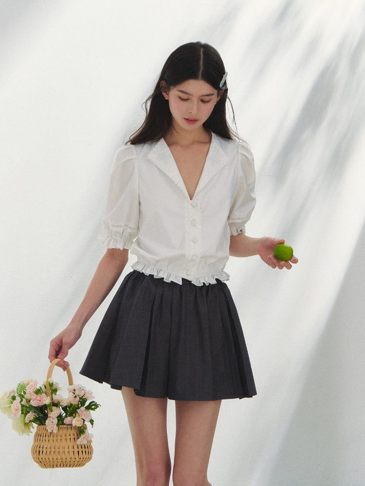 French-style V-neck Embroidered Shirt