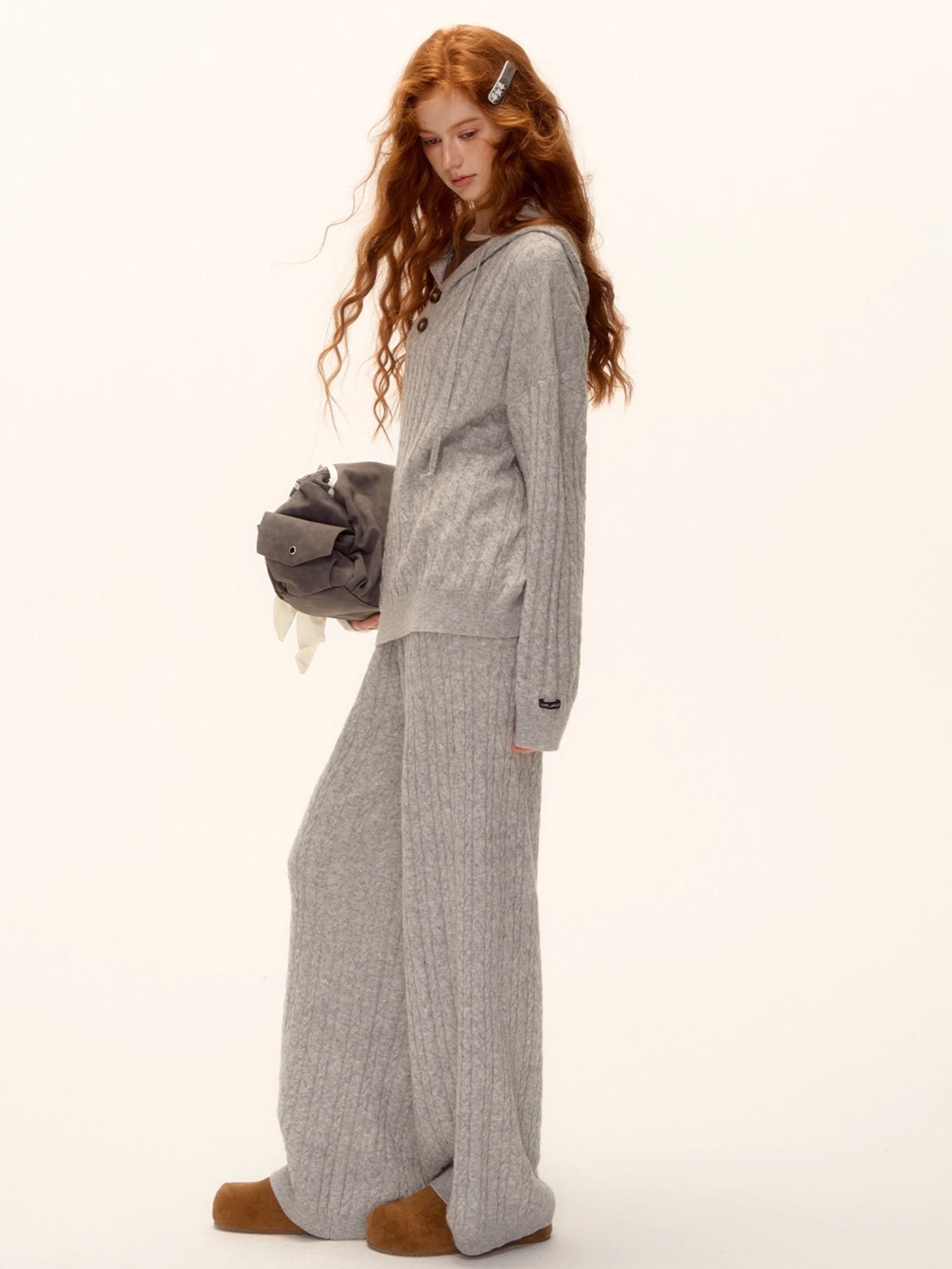 Wool Blend Cable Knit Hoodie &amp; Wide-Leg Pants Set