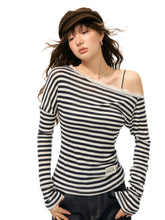 Striped Off Shoulder Fake Two-Piece T-Shirt - CHINASQUAD