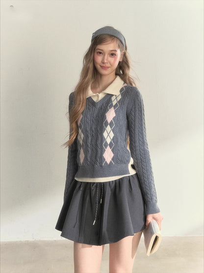 Vintage Argyle Cable Knit Layered Sweater